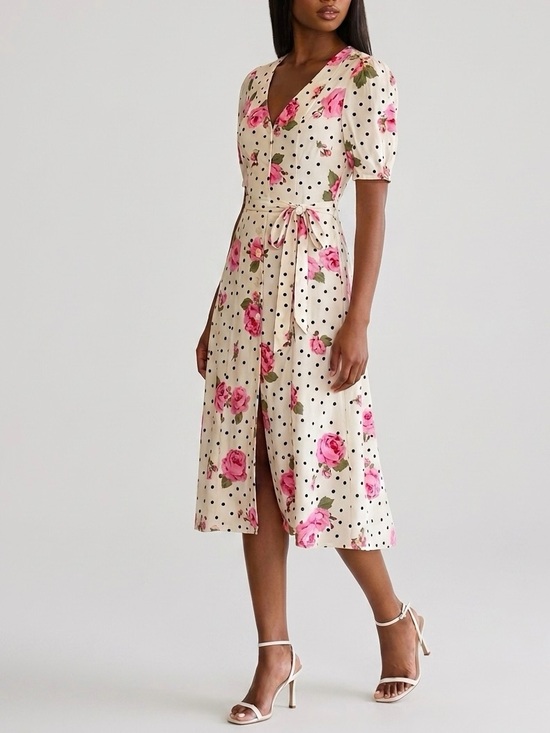 LPA Dresses & Skirts - LPA Bambina Dress in Dotty Rose Floral Polkadot Button Front Belted Midi S